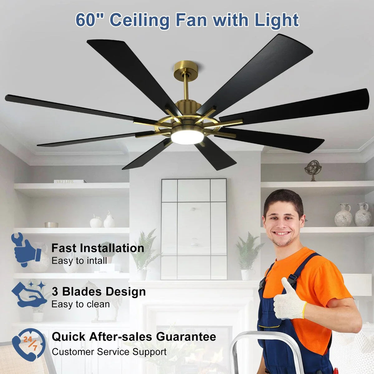 Deckenventilator mit Beleuchtung, Fernbedienung, groß, 8 Holzflügel