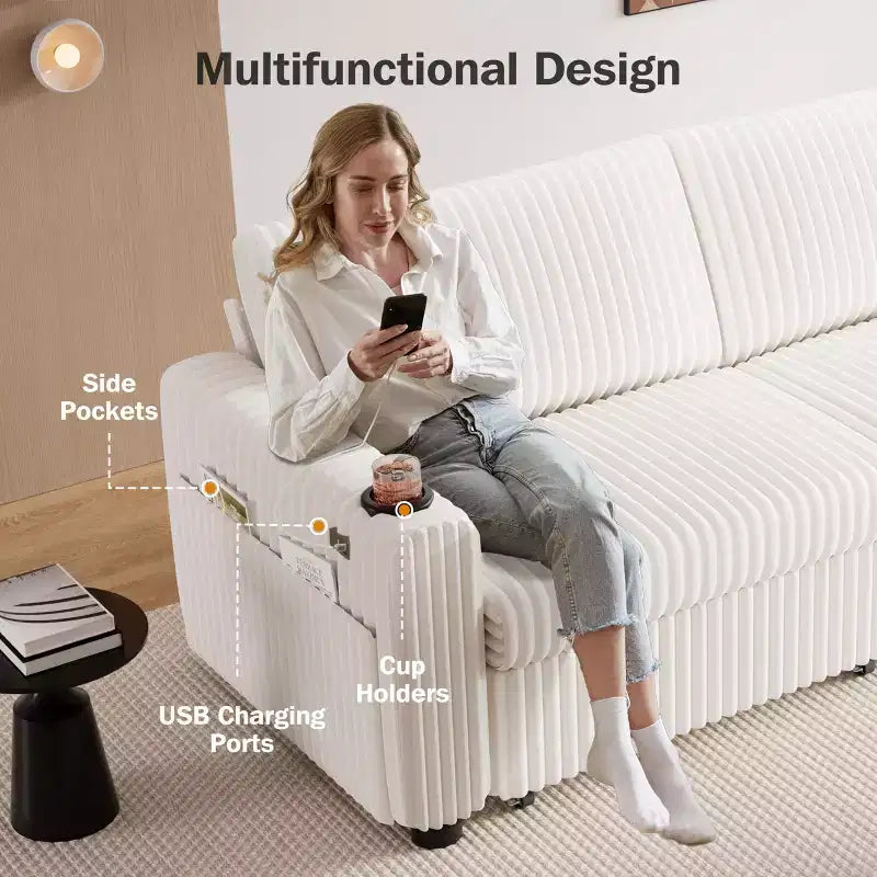 Dyonery 91 Sektional Schlafsofa mit Ausziehbett, verstellbarer Rückenlehne/zwei Ausziehbetten/USB-Anschlüssen/Getränkehaltern, Plüsch-Kordbezug