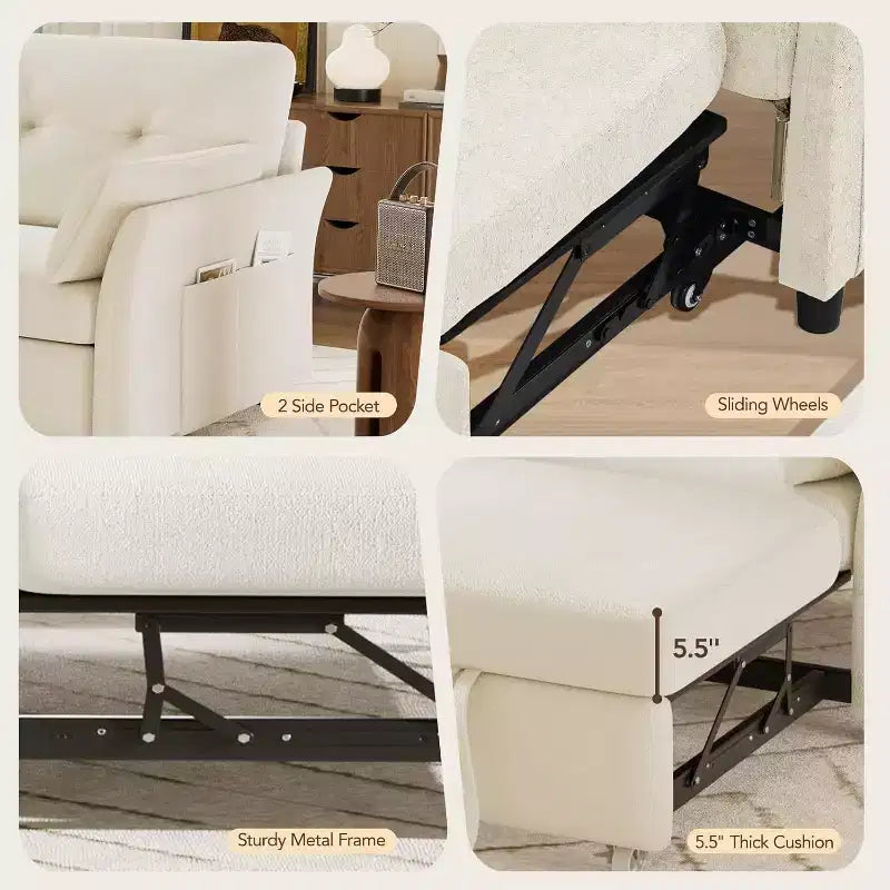 Dyonery 3-in-1 Schlafsofa, ausziehbares Schlafsofa mit Seitentasche und verstellbarer Rückenlehne, werkzeuglose Montage, faltbares Liebessofa