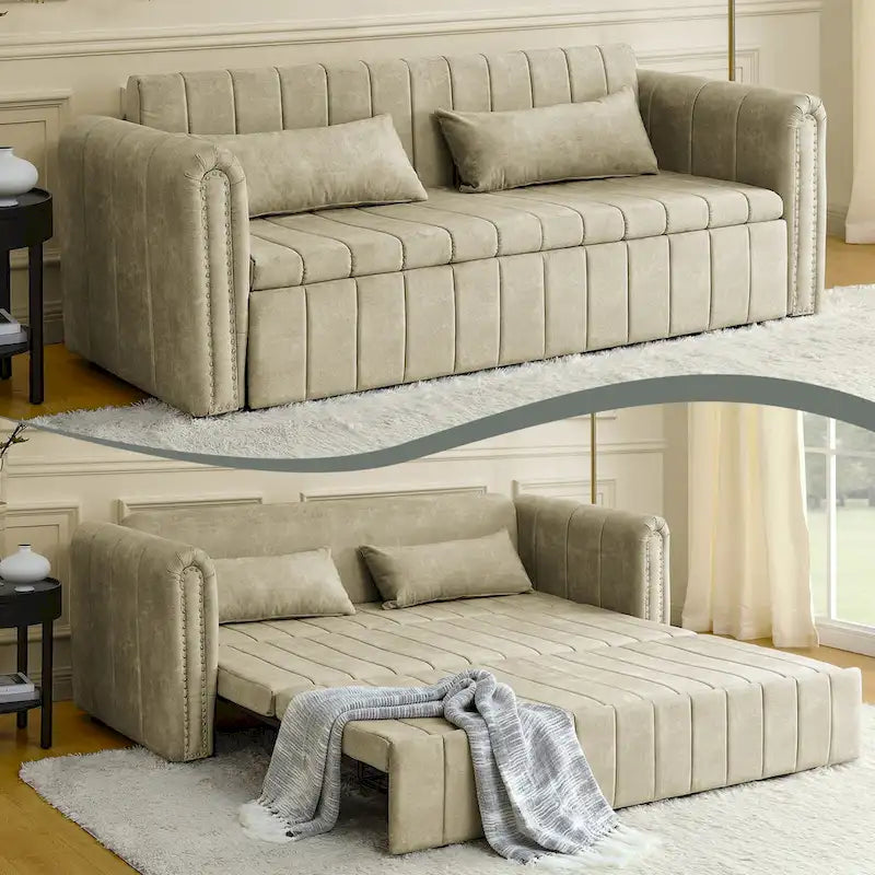 Modernes Schlafsofa aus Samt mit Rollarmen, verziert mit Kupfernägeln