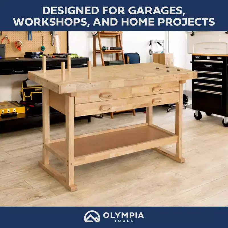 Olympia Tools 60 Gummi-Hartholz-Werkbank, 4 Schubladen, 204 kg Tragkraft