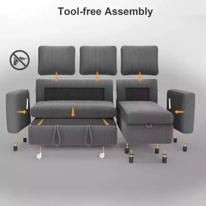Dyonery 2-in-1 Schlafsofa ausziehbar mit Stauraum-Recamiere, Cord-Ecksofa mit USB-Anschlüssen für das Wohnzimmer