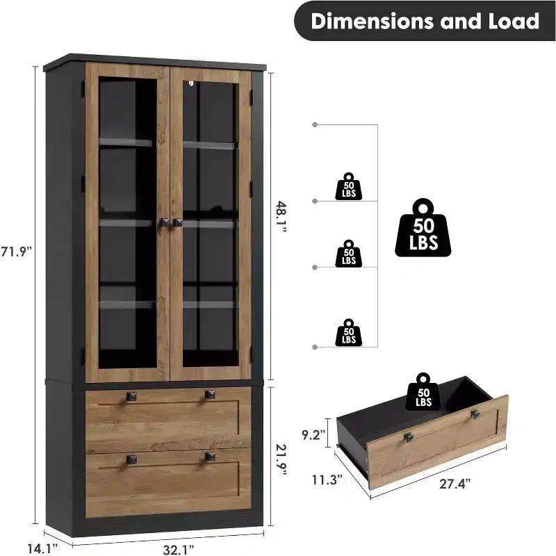 Farmhouse Küchenschrank mit Glastüren, 183 cm Vorratsschrank mit Schubladen und verstellbaren Regalböden für Esszimmer, Bad, Wohnzimmer