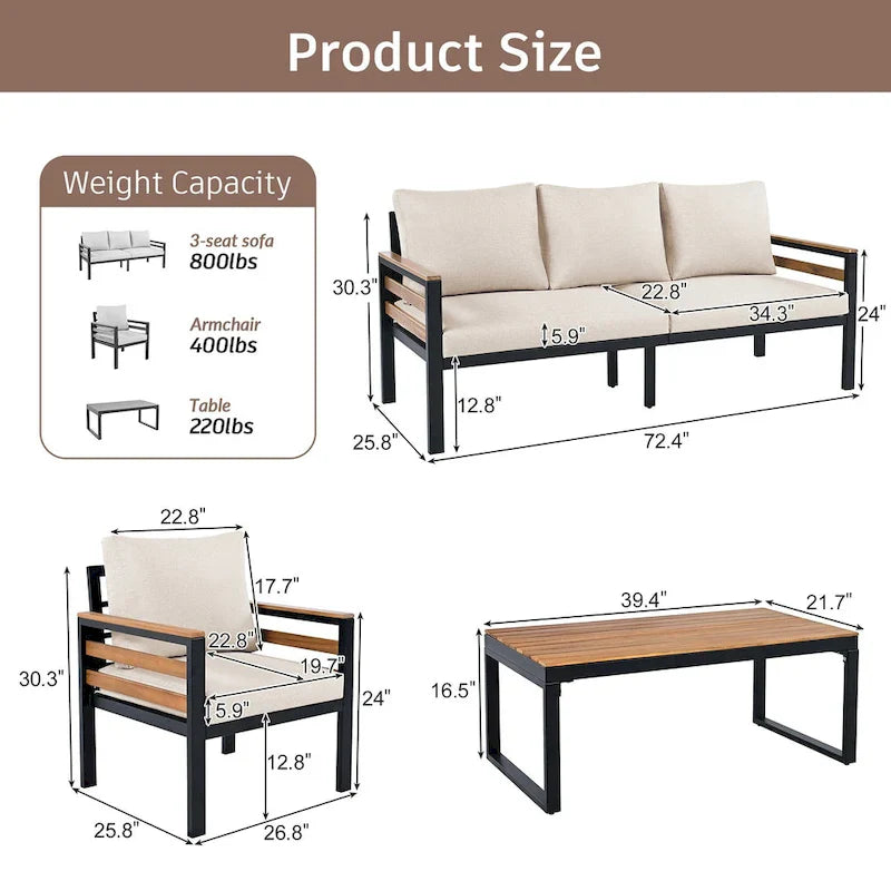 4-teiliges Outdoor-Sofa-Set für 5 Personen mit Couchtisch aus Massivholz und abnehmbaren Kissen