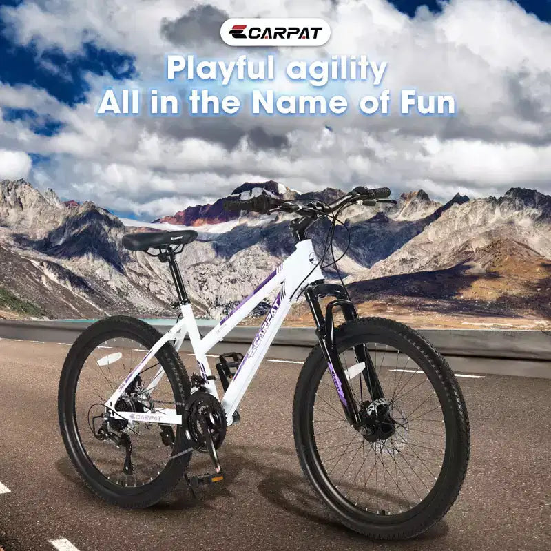 Okak 24/26 Zoll Mountainbike mit 21 Gängen und doppelten Scheibenbremsen, Kinderfahrrad mit 100mm Federgabel, Dirt Bike für Teenager und Frauen