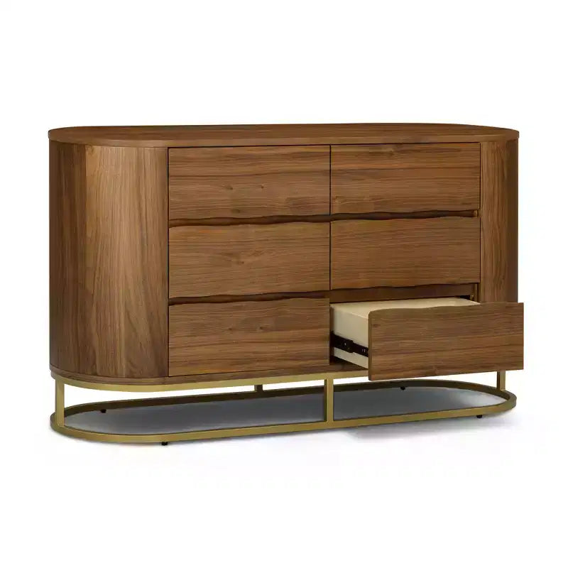 Moderne Kommode mit 6 Schubladen, Baumkanten-Design, Metallgestell und langlebiger Massivholzkonstruktion