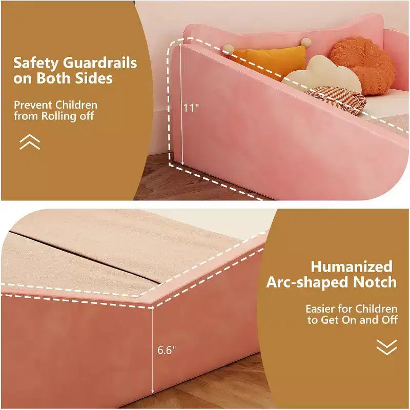 JOYMOR Kleinkindbett, Bodenbett mit Sicherheitsgeländer, Montessori-Kleinkindbett mit Tierohren, Pink