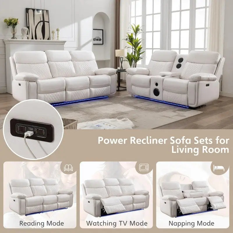 Elektrisches Liegesofa mit kabelloser Ladestation, Leselampe, LED-Beleuchtung für Wohnzimmer, Kunstleder, AC-/USB-Anschluss, Getränkehalter, Schwarz