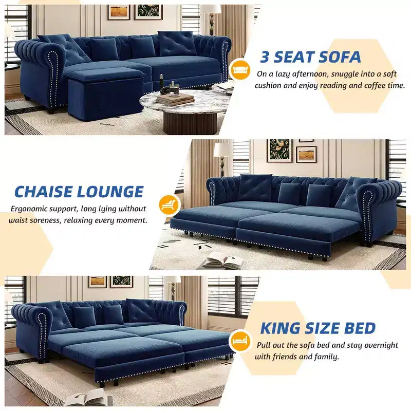 Whisen Velvet 3-in-1 Schlafsofa und wandelbares Schlafsofa im Kingsize-Format mit ausziehbarem Ottomane, getuftetem Design