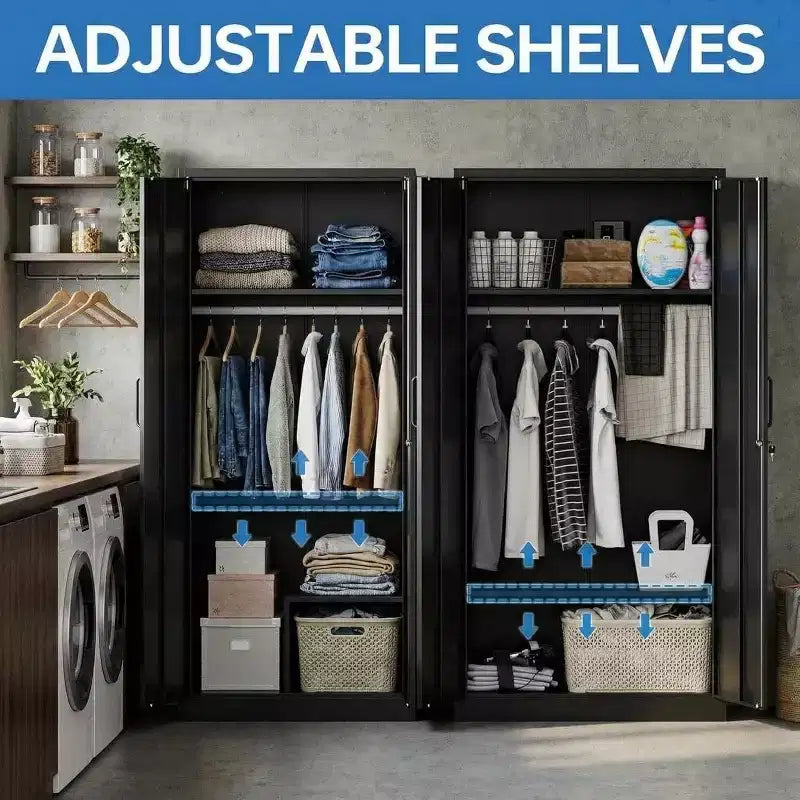 72 Zoll Kleiderschrank mit Schloss, schwarzer Metall-Garagenschrank mit verstellbaren Einlegeböden und Kleiderstange, Metallschrank für Zuhause, Schlafzimmer
