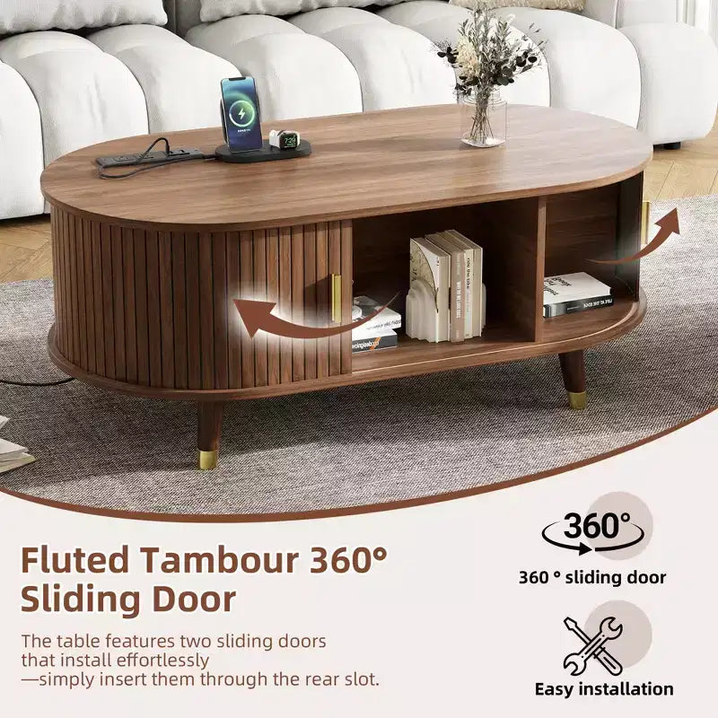 CLIHOME TV-Schrank und Couchtisch-Set aus Holz im Farmhouse-Stil mit Ladestation, ovales, gerilltes Medienboard für Fernseher bis 80 Zoll