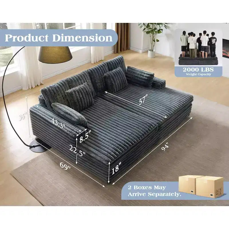 AMERLIFE 93 Doppel-Récamiere-Sofa für Zwei, tiefes Cloud-Sofa mit Lendenkissen & breiten Armlehnen, einfache Montage, Kunstfell