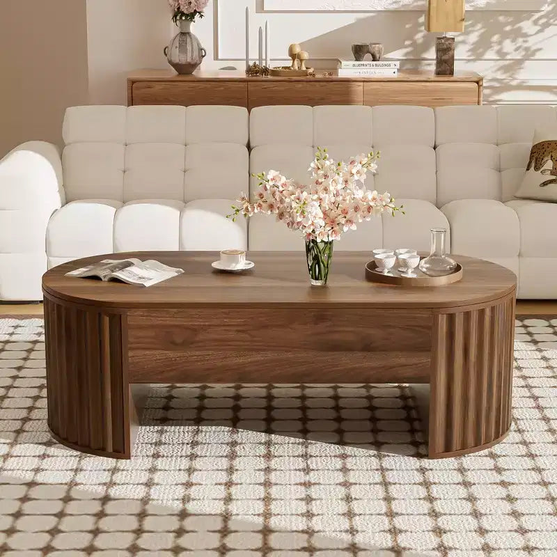 47.2 Couchtisch mit Hebeplatte und verstecktem Fach, oval, braun