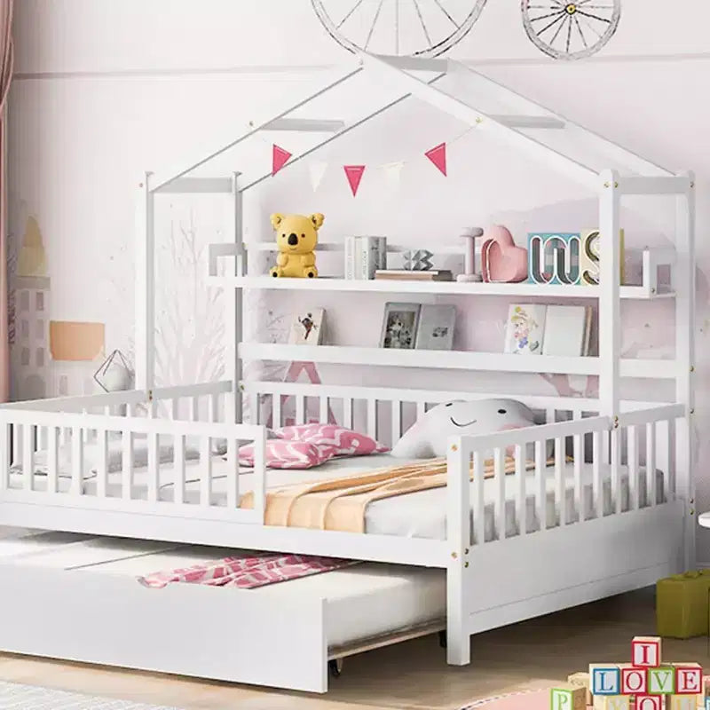 Acekool Hausbett in voller Größe mit ausziehbarem Doppelbett, Schubladen und Regalen, Dach und Zaun, Kinderplattformbett, Weiß