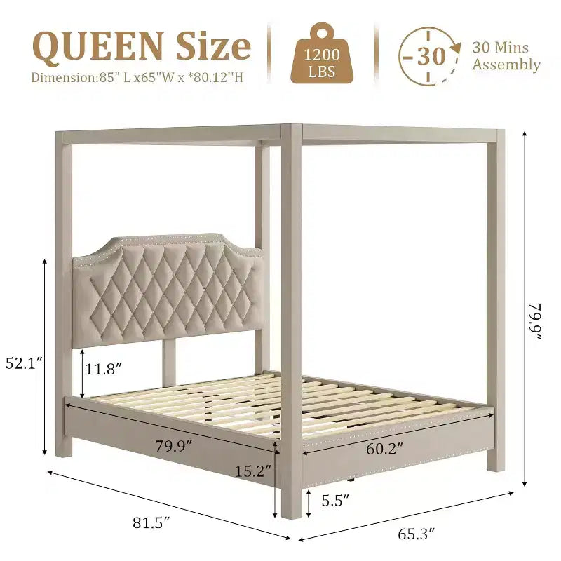 Queen-Size-Himmelbettgestell mit Pfosten, 4-Eck-Bettrahmen, Massivholzlattenrost, kein Boxspringbett erforderlich, geräuschfrei
