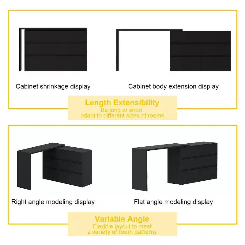Intelligentes, drehbares/ausziehbares Buffet-Sideboard mit 6 Schubladen, erweiterter Arbeitsplatte, rutschfester Matte, drehbarem Esstisch, Kücheninsel-Vorratskammer