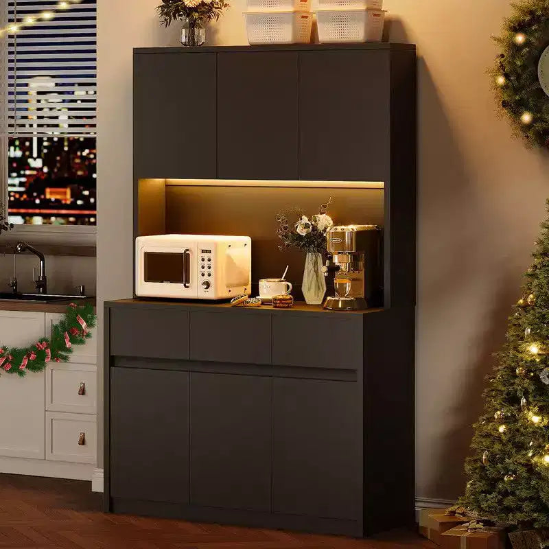 71 Zoll Küchenschrank, Aufbewahrungsschrank mit LED-Beleuchtung und Steckdosen, Buffet-Schrank mit Mikrowellenständer, verstellbare Regalböden