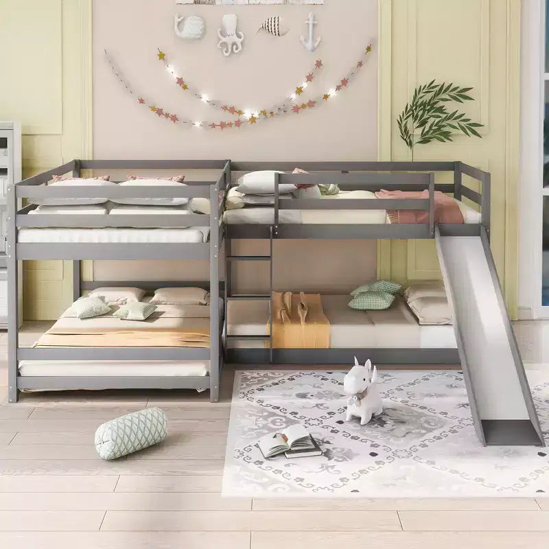 L-förmiges Etagenbett für 4 Kinder, Vierfach-Etagenbett mit Rutsche, Voll- und Twin-Holzrahmen für Schlafzimmer/Wohnheim