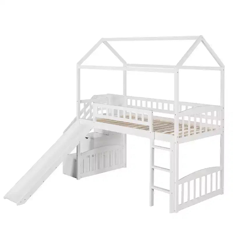 Doppelhaus-Hochbett mit Rutsche und Treppe, Hochbett mit Aufbewahrungsschubladen, Holzhaus-Hochbett für Kinder und Kleinkinder