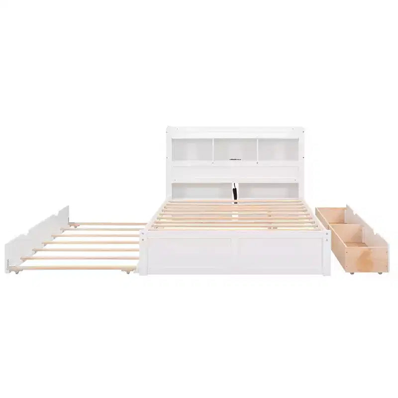 Plattformbett in voller Größe mit Stauraum, Ausziehbett, Kopfteil mit Bücherregal und Ladestation, Bettgestell aus Holz in voller Größe mit Regalen und Schubladen