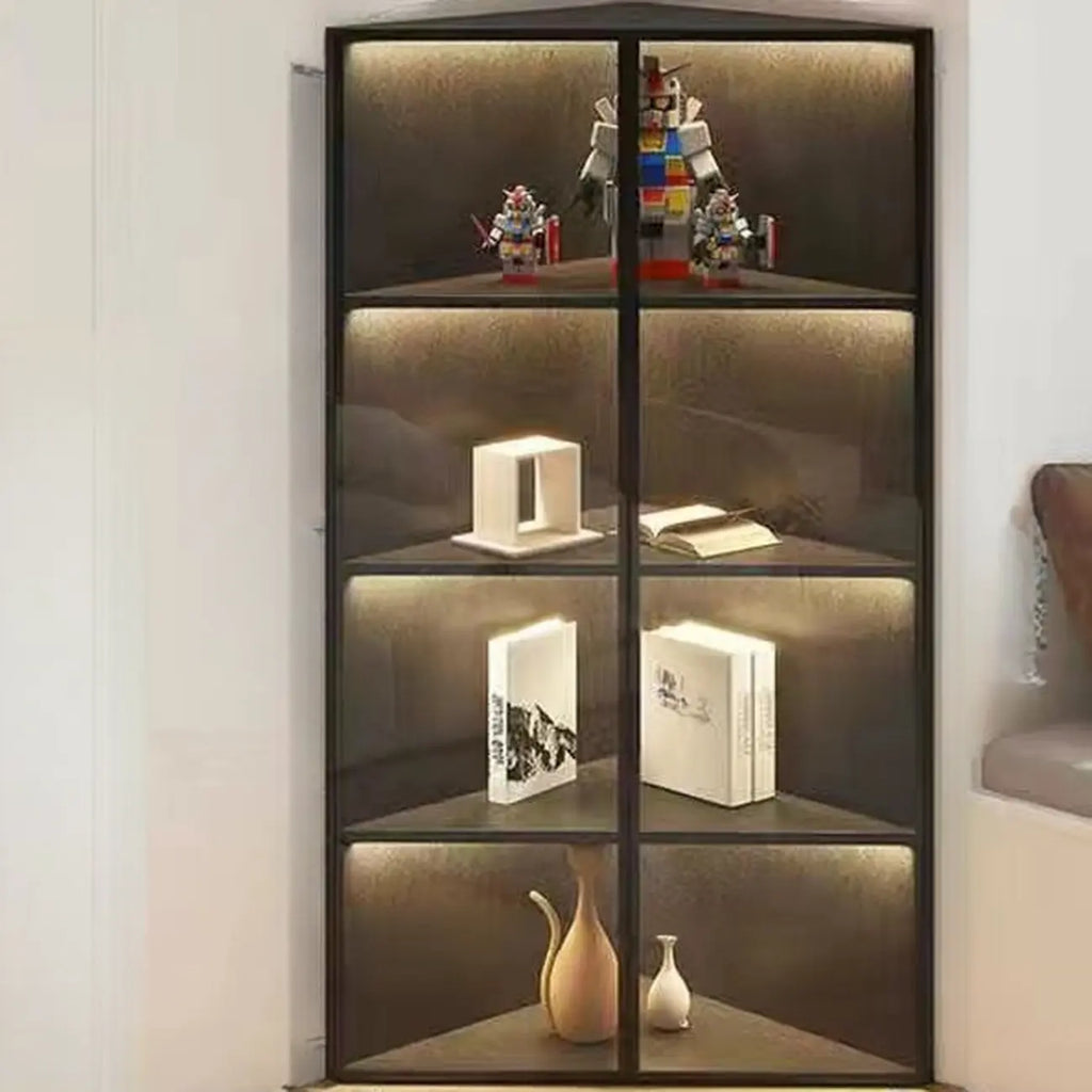 Modernes graues Eck-Standregal aus Metall und Holz mit Glastür