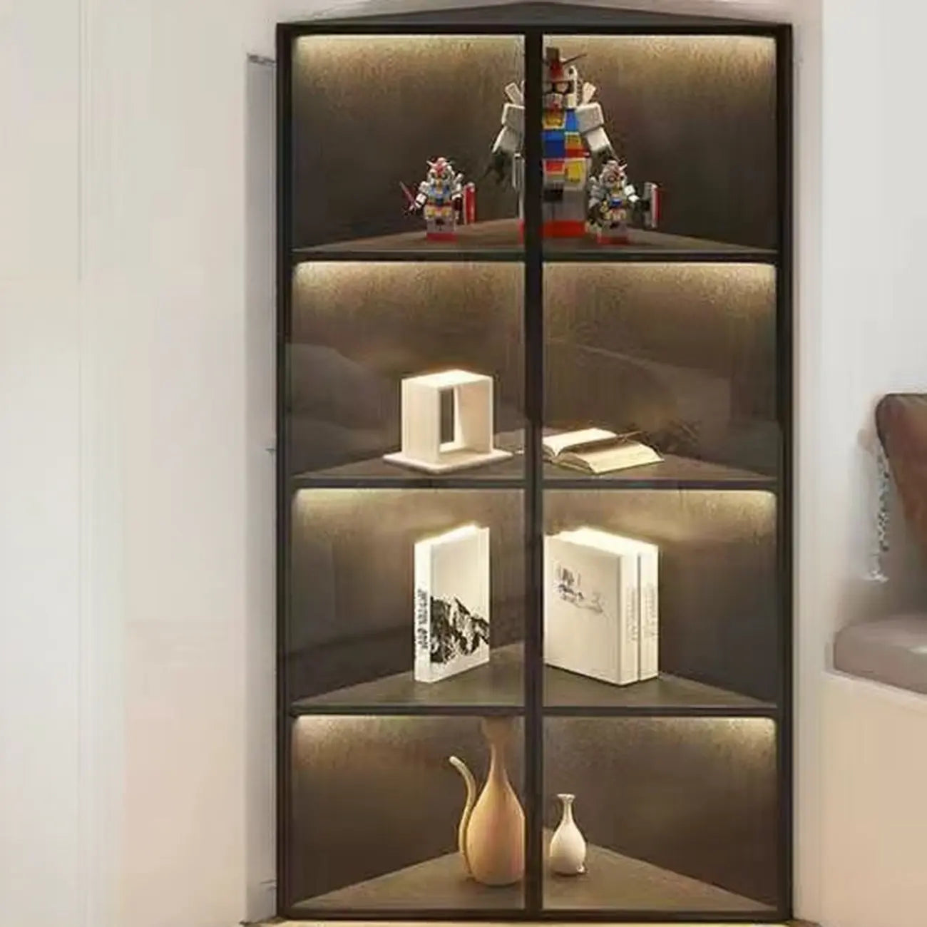 Modernes graues Eck-Standregal aus Metall und Holz mit Glastür