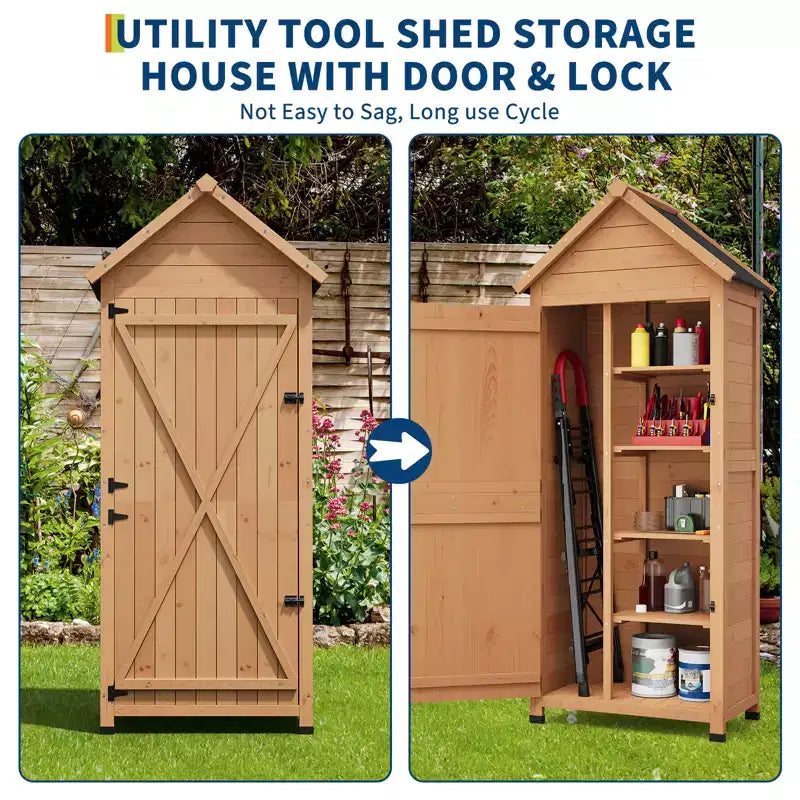 Wasserdichter Werkzeugschrank aus Holz für draußen Abschließbare Doppeltüren, 3 verstellbare Einlegeböden & schräges Dach Platzsparende Aufbewahrung für Terrasse, Hof oder Garten