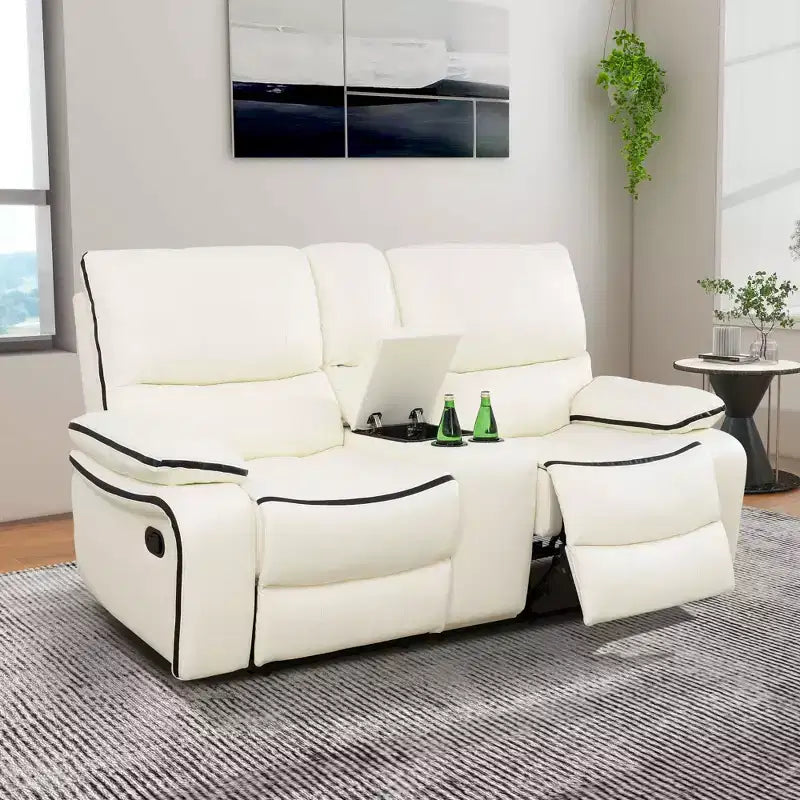 MAYEERTY Elektrischer Relax-Zweisitzer, atmungsaktiver Leder-Liegesessel mit 2 Sitzen, Stauraum und Getränkehaltern für das Wohnzimmer, Weiß
