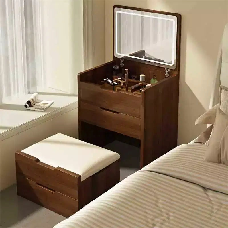 Okak 3-in-1 Schminktisch mit Klappspiegel, kompakter Waschtisch mit sichtbarer Glasplatte und gepolstertem Hocker, Schminktisch für das Schlafzimmer
