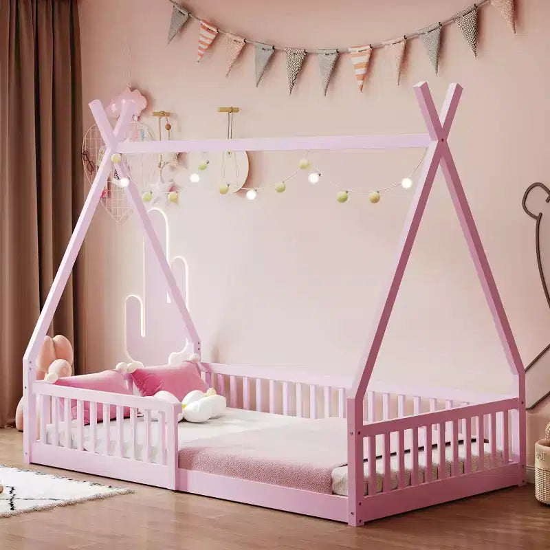 Bodenbett für Kinder, Zeltbetten in Doppelbettgröße, Montessori-Bodenbett mit Lattenrost und Zaungeländer, Holz-Hausbettgestell für Jungen und Mädchen