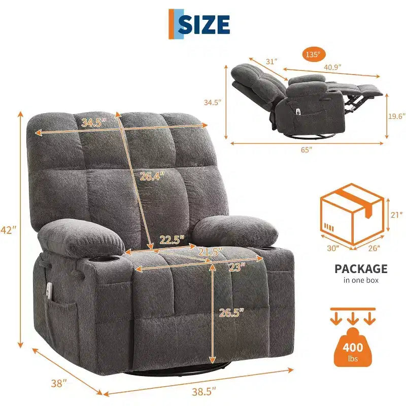 Übergroßer Relaxsessel für Erwachsene, Manueller Dreh-Schaukelsofa, Seitentaschen & Getränkehalter für Große und Schwergewichtige, Wohnzimmer