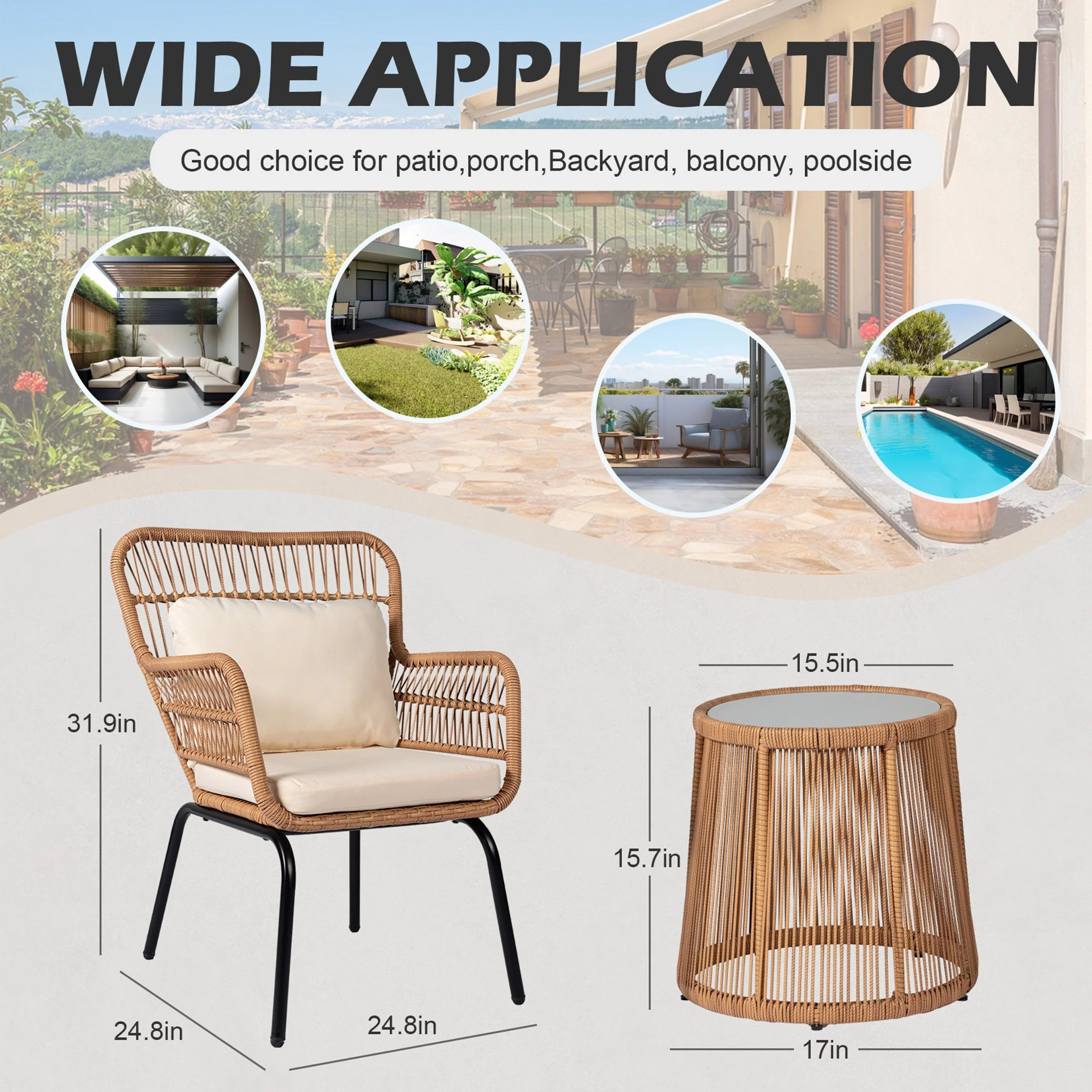 3-teiliges Outdoor-Bistro-Set aus Korbstühlen, witterungsbeständige Rattanmöbel-Sitzgruppe mit Kissen