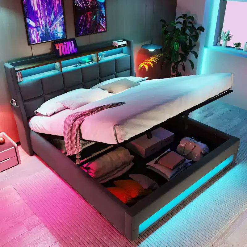 Queensize-Bett mit hydraulischem Stauraum, LED, USB, gepolstertem Kopfteil, kein Boxspringbett, einfache Montage