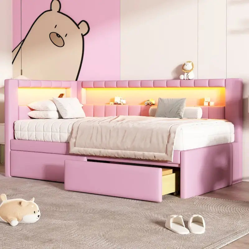 Gepolstertes Plattformbett mit USB-Anschlüssen & LED-Beleuchtung – Einzel-/Doppelbettgestell mit 2 Schubladen – Modernes Schlafzimmer