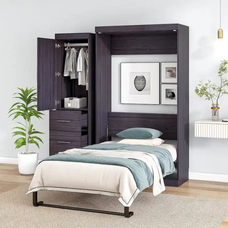 Graues klappbares Schrankbett mit Kleiderschrank & 3 Schubladen, Full/Twin, 1-Personen