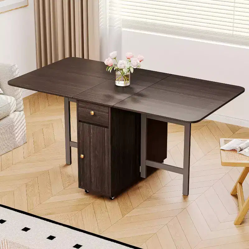 ATJafurn 59'' Klappbarer Esstisch mit Klappplatten für kleine Räume, rechteckiger, ausziehbarer Küchentisch aus Holz mit Rollen und Stauraum