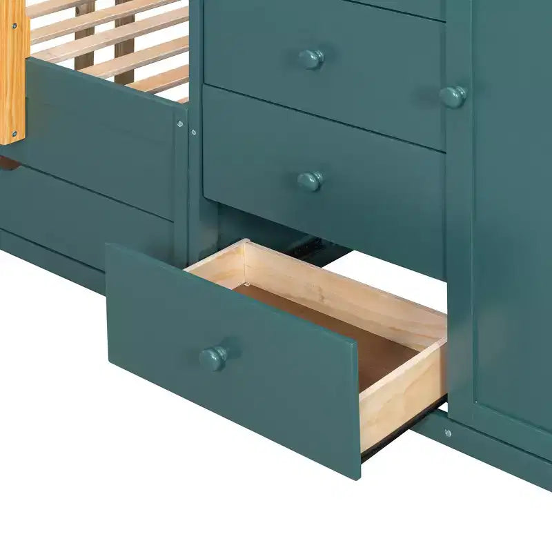Etagenbett „Full-over-Full“ mit Kleiderschrank und Schubladen, platzsparendes Etagenbett aus Holz in voller Größe mit Rausfallschutz für Apartment, Schlafzimmer