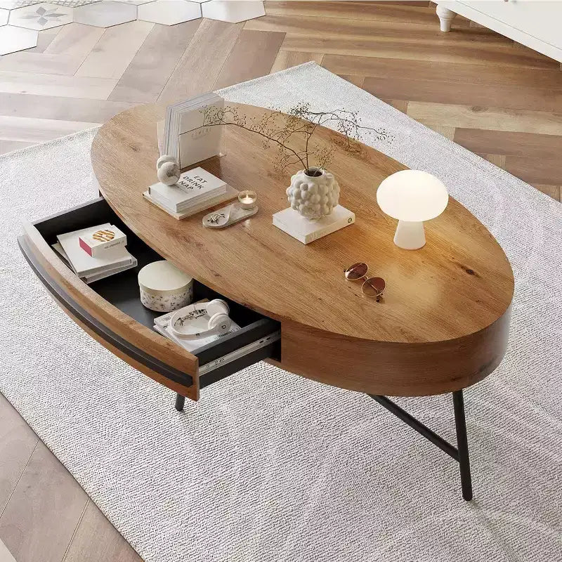 Acekool Ovaler Couchtisch mit Schublade, 120 cm Holz-Ablagetisch mit gekreuzten Metallbeinen, Mid-Century Modern Beistelltisch in Natur & Golden Willow