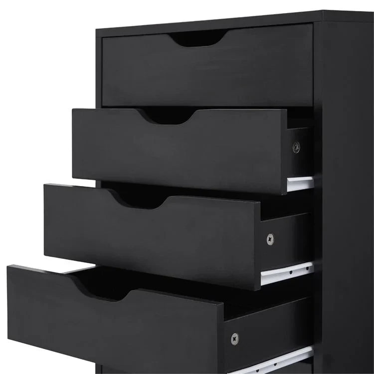 Schmaler Holzschrank mit 9 Schubladen, leichtgängigen Auszügen und Ablagefach oben