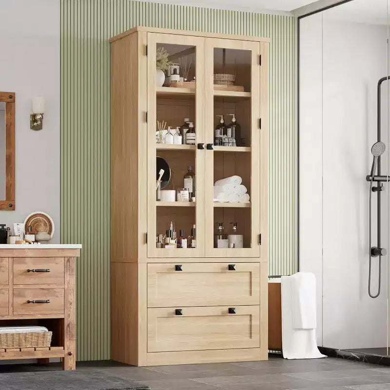 Farmhouse Küchenschrank mit Glastüren, 183 cm Vorratsschrank mit Schubladen und verstellbaren Regalböden für Esszimmer, Bad, Wohnzimmer