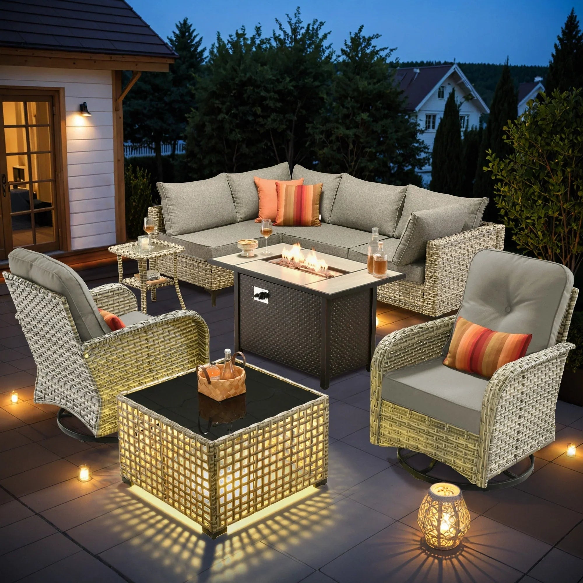 OVIOS 9-teiliges Gartenmöbel-Set aus Korbsessel und Feuertisch