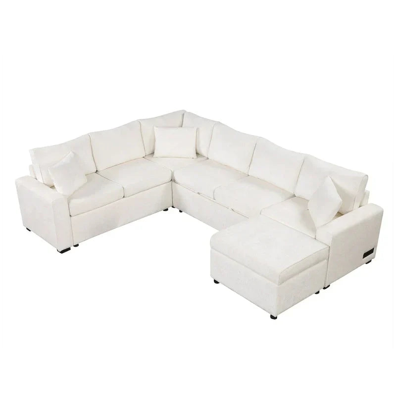 Chenille Ecksofa mit Ausziehfunktion, L-förmiges Schlafsofa mit Stauraum-Ottomane, 3 Kissen und Ladevorrichtungen