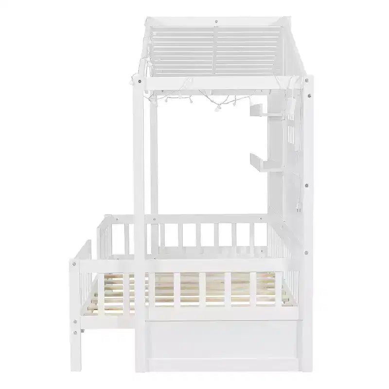 Hausbett in Twin-Größe mit Ablageregalen und Rausfallschutz, Montessori-Bettrahmen aus Holz für Kinder mit Fenster und glitzerndem Lichtband