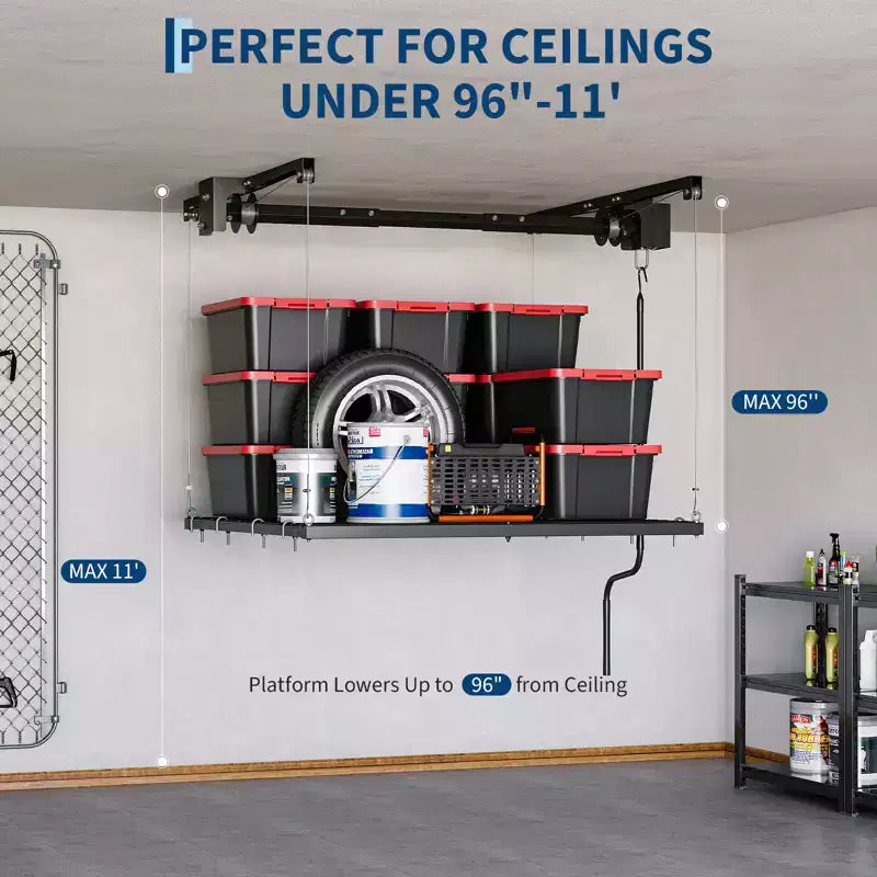 Verstellbares Schwerlast-Garagendeckenregal, deckenmontiert mit Sicherheitsschloss, 113 kg Tragkraft für Behälter, Werkzeuge, Fahrräder und Garage