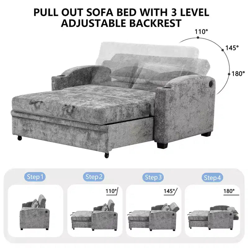 61.6 Modernes Chenille-Schlafsofa mit USB-Anschlüssen, Becherhaltern und verstellbarer Rückenlehne für Wohnzimmer, Apartment