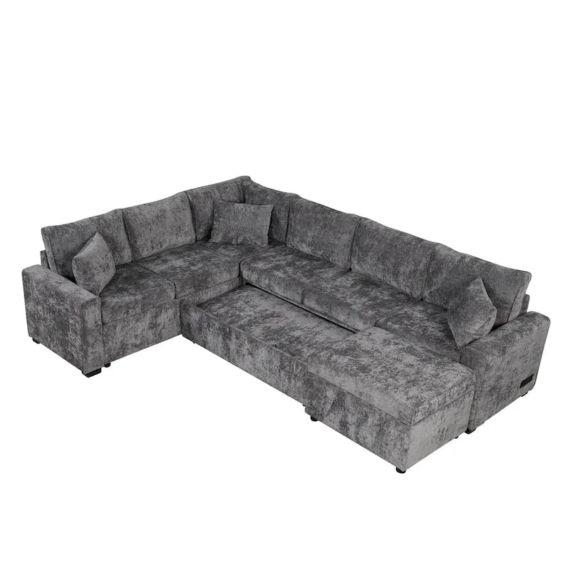 Chenille Ecksofa mit Ausziehfunktion, L-förmiges Schlafsofa mit Stauraum-Ottomane, 3 Kissen und Ladevorrichtungen