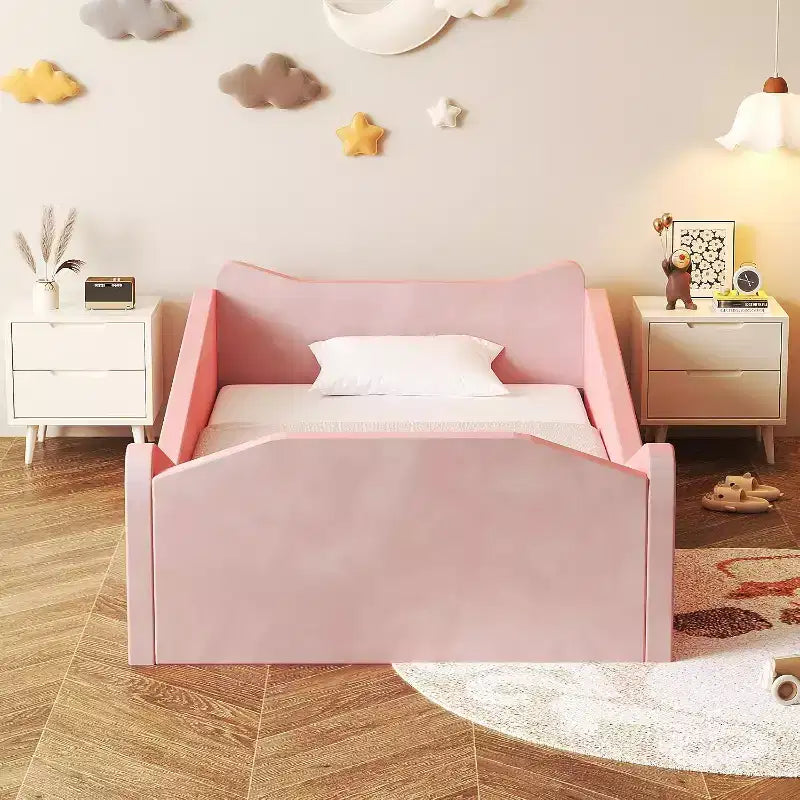 JOYMOR Kleinkindbett, Bodenbett mit Sicherheitsgeländer, Montessori-Kleinkindbett mit Tierohren, Pink