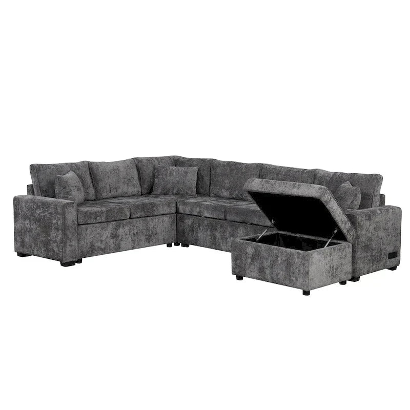 Chenille Ecksofa mit Ausziehfunktion, L-förmiges Schlafsofa mit Stauraum-Ottomane, 3 Kissen und Ladevorrichtungen