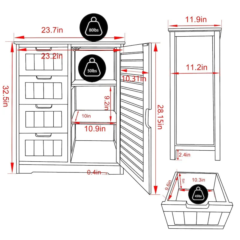 VEIKOUS Badezimmer-Bodenschrank mit 4 Schubladen