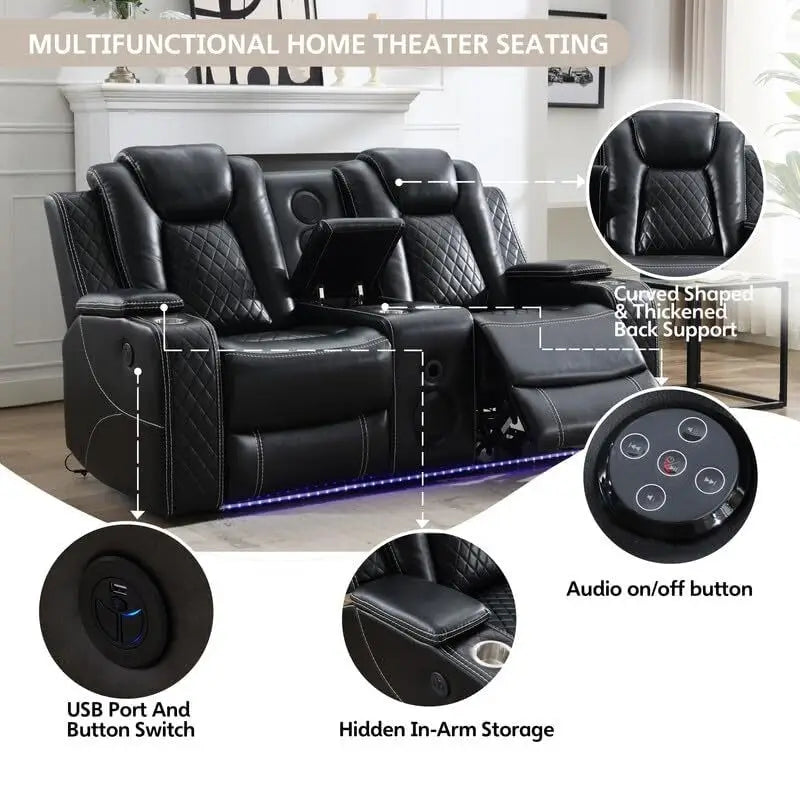 Elektrisches Relaxsofa mit kabellosem Ladegerät, Leselampe für das Wohnzimmer, Kunstleder-LED-Beleuchtung, AC/USB-Anschluss, Getränkehalter, Schwarz